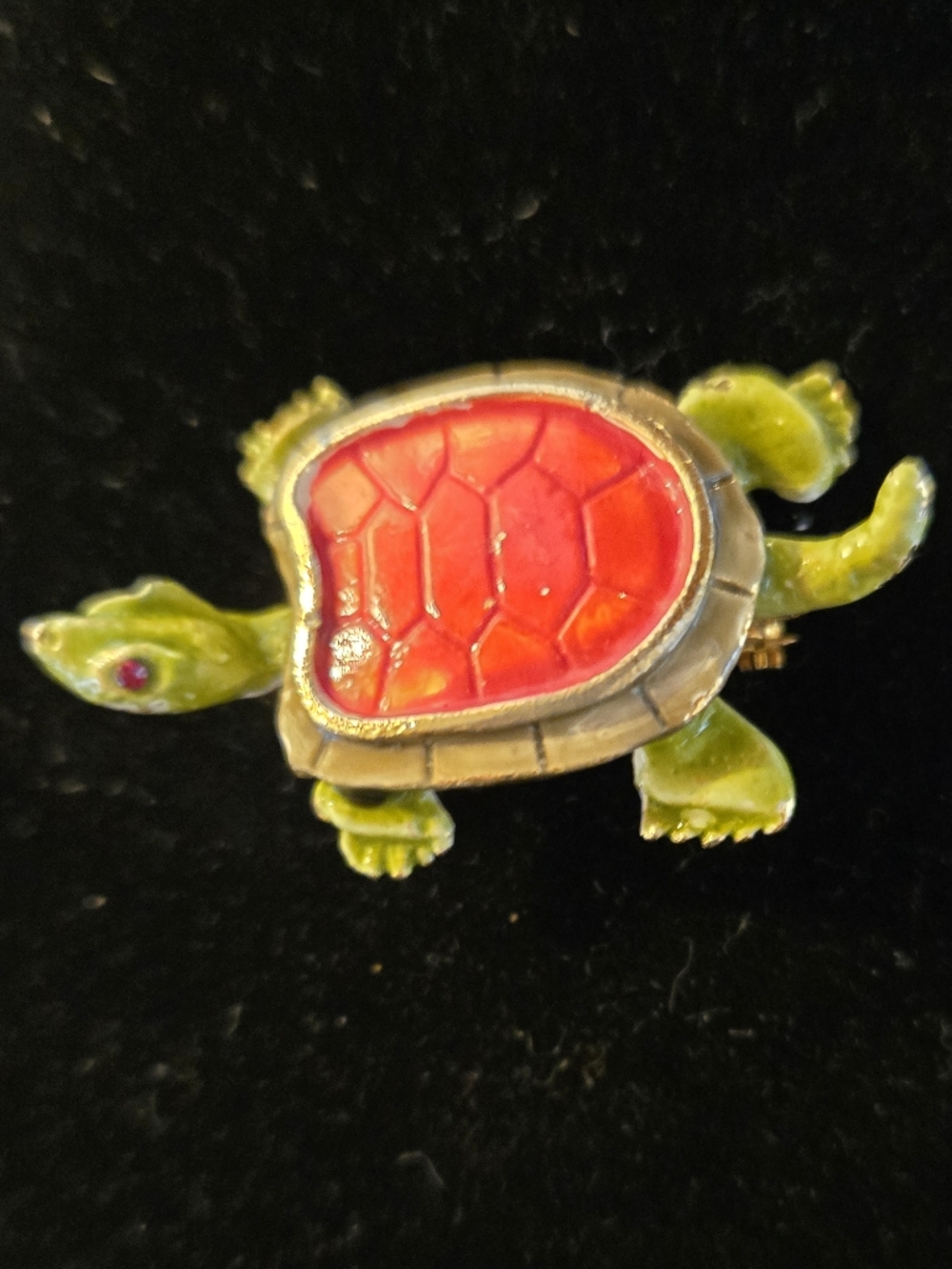 Gold Tone Green Turtle with Red Shell Brooch